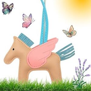 Winged Pegasus Horse Pink Tan PURSE TAG KEYCHAIN NEW Hand stitched NW BEAU DEFI